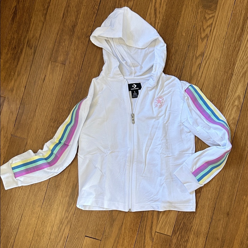 Converse White Girls' Hooded Zip Jacket with Pastel Rainbow Sleeve Stripes